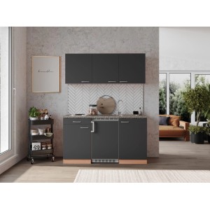 Respekta Küchenzeile KB150BG, 150 cm, Grau und Buche Dekor mit Spüle und Kühlschrank.