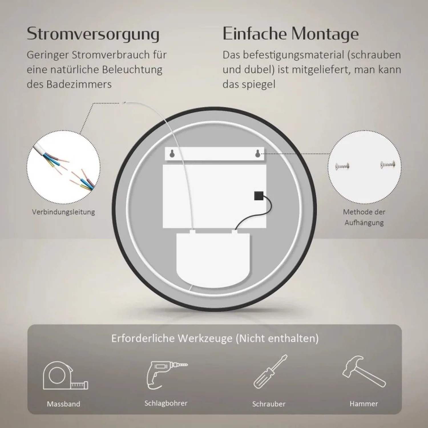 Emke Rund LED Badspiegel 80 cm Spiegel mit Beleuchtung Schwarzer Antibeschlage Uhr Temperatur Dimmbar Neutrales Licht_3