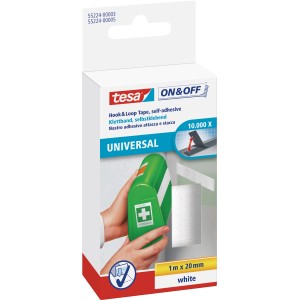 Verpackung Tesa® On & Off Klettband Universal, 1 m x 20 mm, Weiß.