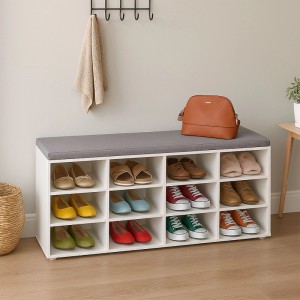 Relaxdays Schuhbank Holzwerkstoff Weiß Grau Gepolstert mit 12 Fächern 48 cm x 104 cm x 30 cm 16,4 kg