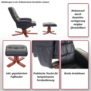Schwarzer Relaxsessel mit Hocker aus Kunstleder, drehbar und neigbar.