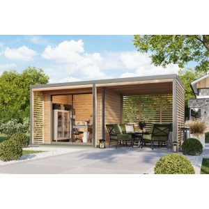 Karibu Gartenhaus Flavio A mit Anbaudach 3 m Natur-Grau