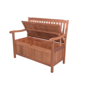 Braune Gartenbank Houston aus Eukalyptus-Holz mit hochgeklappter Sitzfläche und Stauraum.