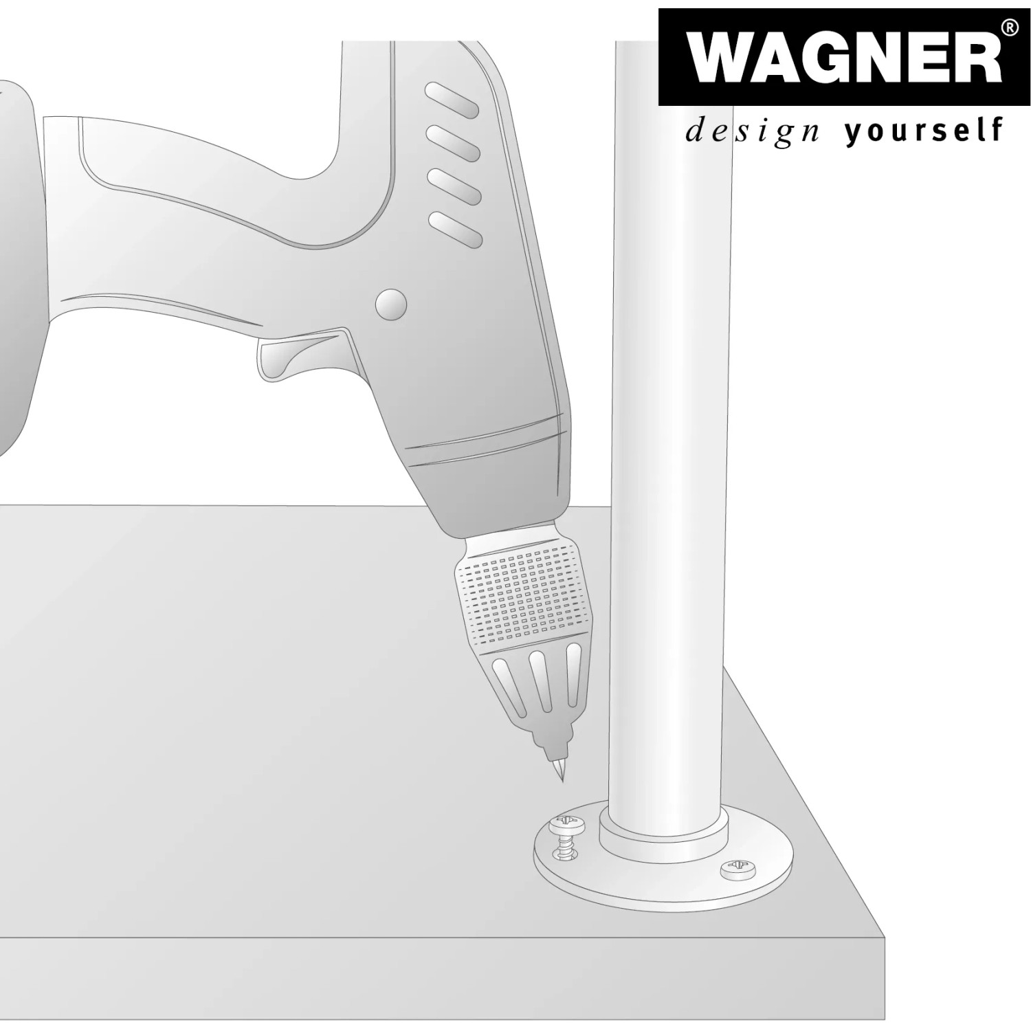 Montage des schwarzen Wagner Möbelbeins Industrial Pipe (100 mm) mit einem Akkuschrauber.