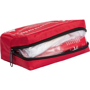 Rote Walser Motorrad Erste-Hilfe-Tasche, geöffnet, Inhalt sichtbar.