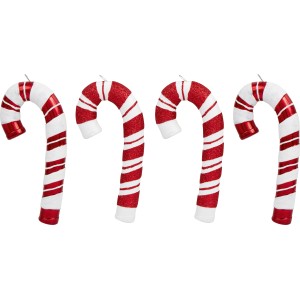 Baumschmuck-Set: 4 Zuckerstangen in Weiß-Rot mit glänzenden und glitzernden Oberflächen.