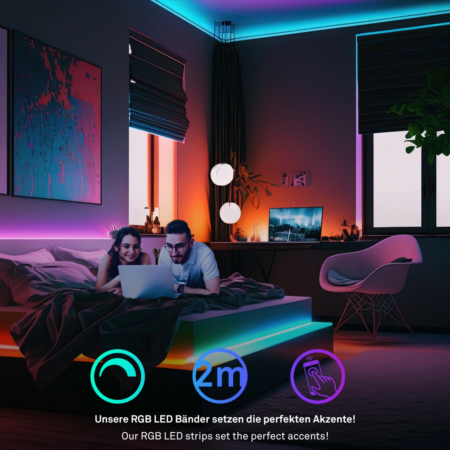 Smartes 2 m LED-Band Starter-Set von Briloner mit RGB/W-Funktion für stimmungsvolle Beleuchtung im Schlafzimmer.