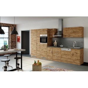 Moderne Küchenzeile Sorrento 360 cm in Wotaneiche-Optik mit E-Geräten.