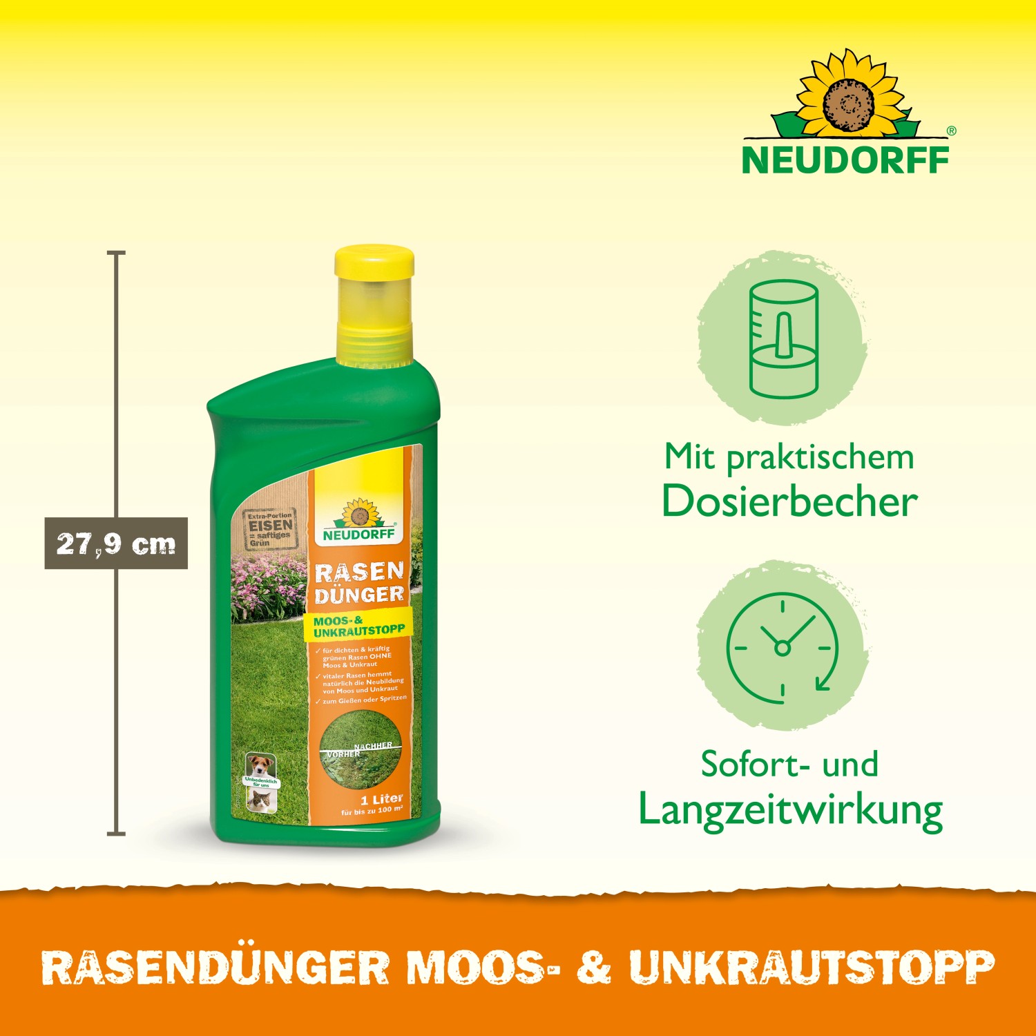 Neudorff Rasendünger Moos- & Unkrautstopp, 1 Liter Flasche.