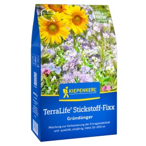 Kiepenkerl Gründünger TerraLife Stickstoff-Fixx Mischung, 500g Packung mit blühenden Pflanzen.