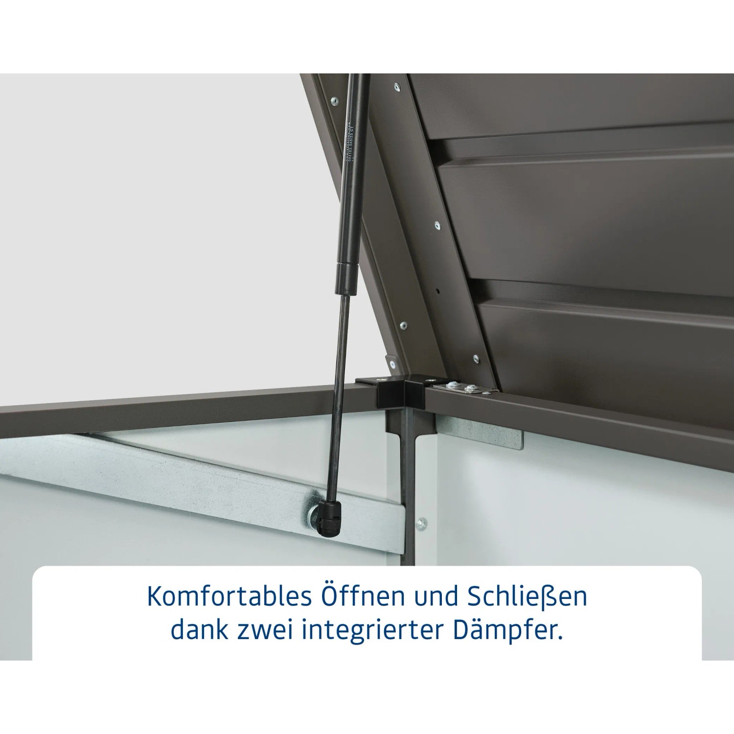 Detailaufnahme: EcoStar Gartenbox Elegant, anthrazitgrau, mit geöffnetem Deckel und Dämpfern.