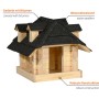 Dobar Vogelhaus Nero aus hellem Massivholz mit dunklem Bitumen-Walmdach und Gauben. Robuste Bauweise.