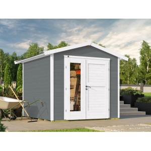 Graues weka Holz-Gartenhaus 224 A mit Satteldach und Design-Doppeltür.