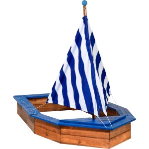 Dunkelbrauner Sandkasten im Schiff-Design mit blau-weißem Segel und blauen Akzenten.