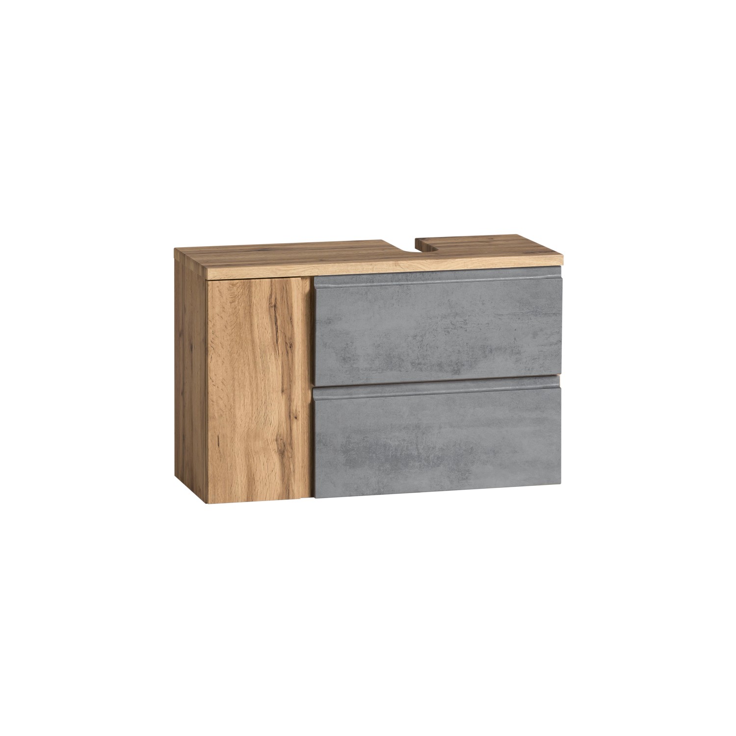Held Möbel Unterbeckenschrank Ancona, 85 cm, Betongrau/Wotaneiche mit zwei Schubladen und Siphonausschnitt rechts.