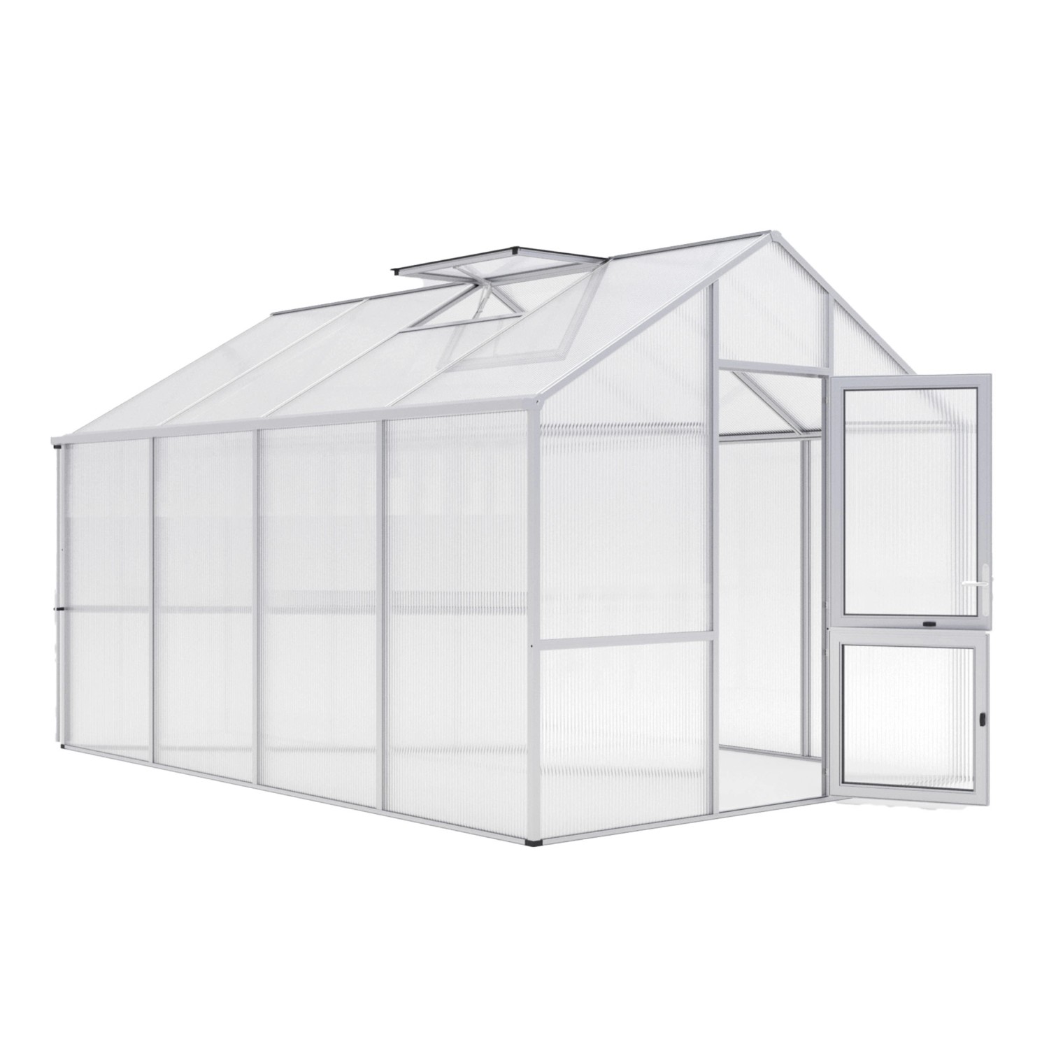 Freistehendes KGT Gewächshaus Alu blank, 12,74 m² mit geöffneter Tür und Dachfenster.