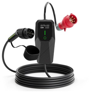 Schwarzes Junsun EV Ladekabel Typ 2 (5m) mit CEE Stecker und 22 kW Ladebox für Elektroautos.