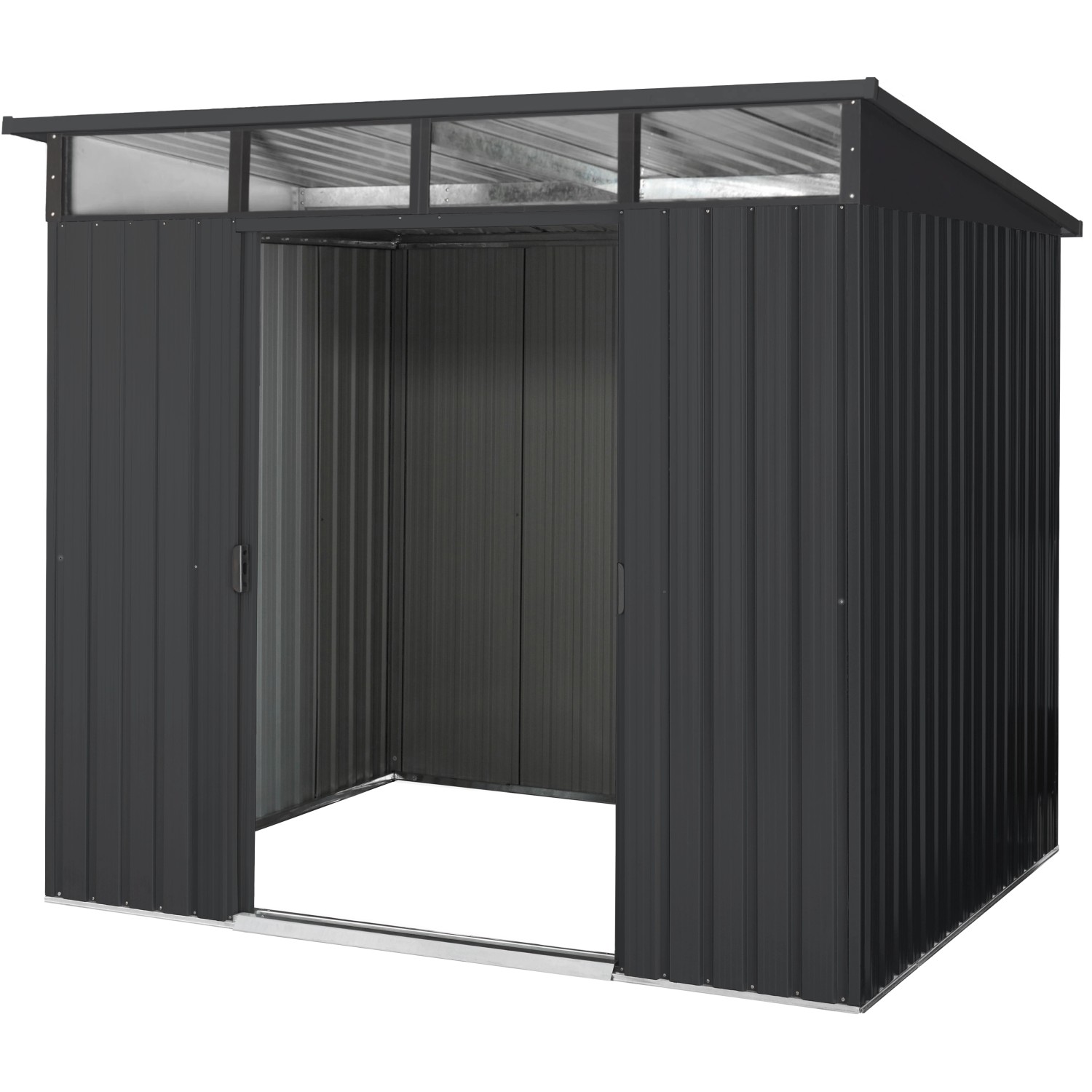 Pergart Gerätehaus Lübeck 89 in Anthrazit matt, offene Tür. Metall Gerätehaus.