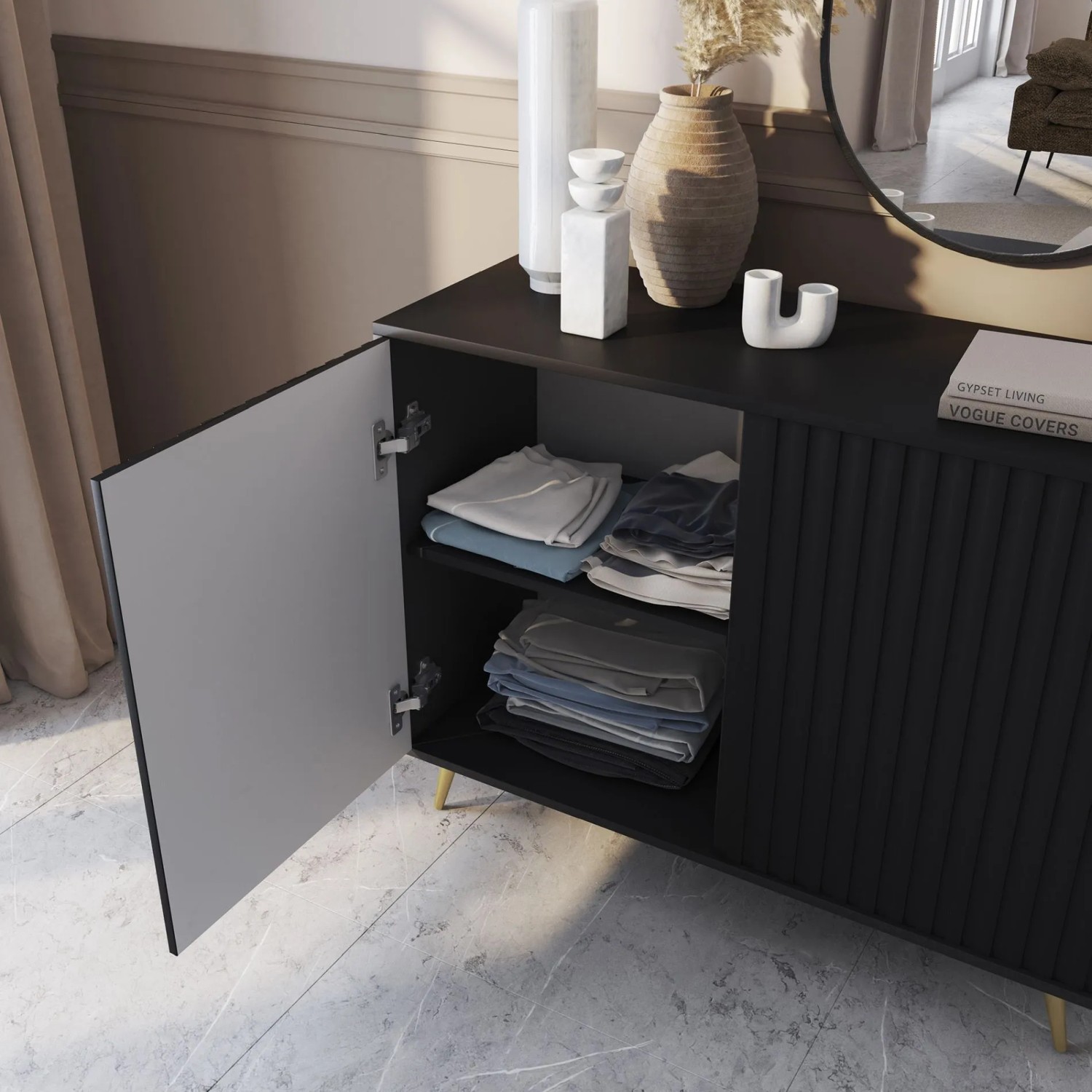 Selsey Selsey Sideboard Bello mit Lamellenfronten 104 cm Schwarz mit Goldenen Beinen_7
