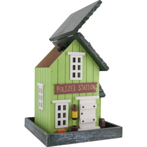 Vogelfutterhaus im Design einer Polizei Station aus lackiertem Holz mit aufklappbarem Dach.