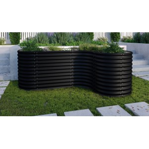 Schwarze Vitavia Hochbeeterweiterung Curve 858, 80x80x86 cm, mit Pflanzen befüllt.