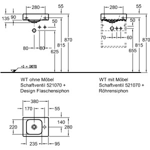 Technische Zeichnung Geberit iCon Handwaschbecken, 38 cm, Hahnloch rechts, Maße und Details.