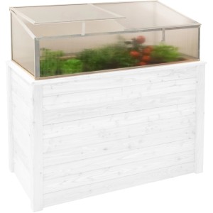 Westmann Frühbeetaufsatz Genus 130 auf Hochbeet, mit geöffnetem Deckel.