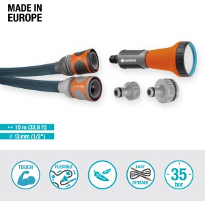 Gardena Liano™ Xtreme 10m Gartenschlauch Set mit Brause und Adaptern für Bewässerung.
