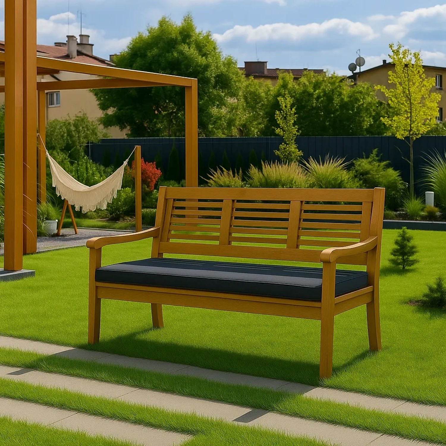Anthrazitfarbenes Gartenbank Kissen 110x50x7cm für 2-Sitzer Bänke im Garten.