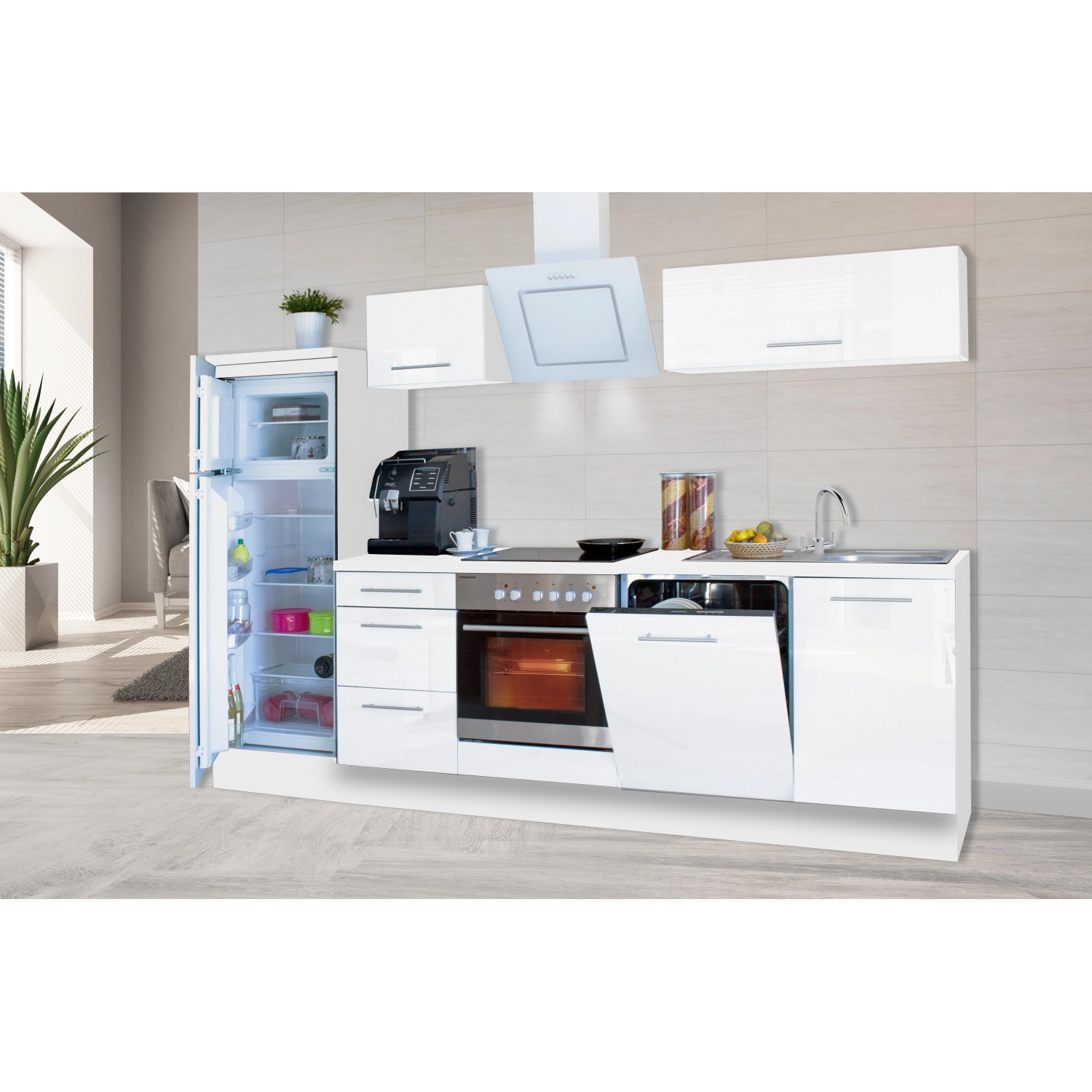 Respekta Premium Küchenzeile 280 cm in Weiß Hochglanz mit E-Geräten und Spüle.