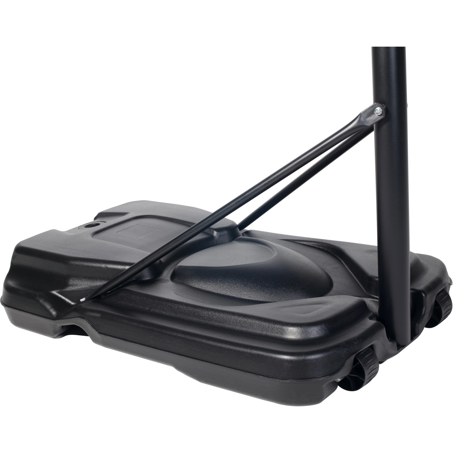 Detailaufnahme des schwarzen Standfußes mit Rädern des Salta Basketballständers.