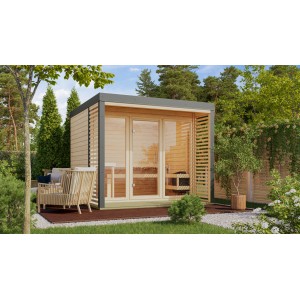 Karibu Saunahaus Seros 3 in Naturbelassen/Staubgrau im Garten.