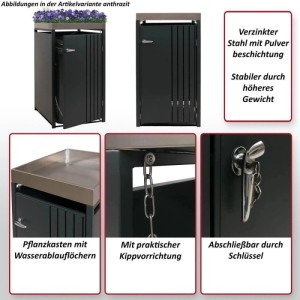 Anthrazitfarbene Mülltonnenverkleidung mit Pflanzkasten und Kippvorrichtung, abschließbar.