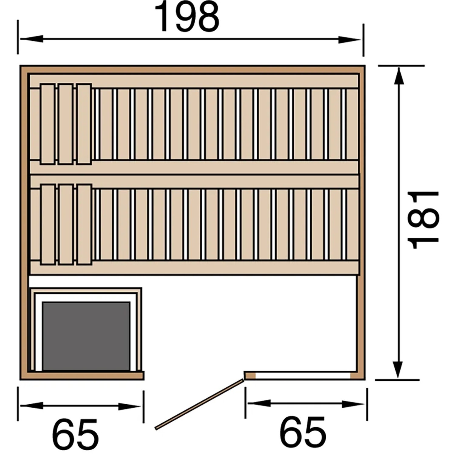 Grundriss der Weka Massivholzsauna Bergen 1.8 mit Maßen und Türposition.
