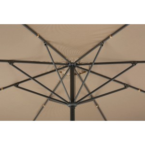 Detailaufnahme des Schneider Marktschirms (270x270 cm) in Natur, Blick von unten auf das Gestell und die Bespannung.