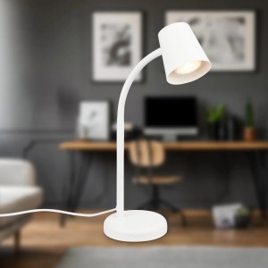 Weiße, schwenkbare Brilo Tischleuchte mit Kabelschalter, ideal für Schreibtische.