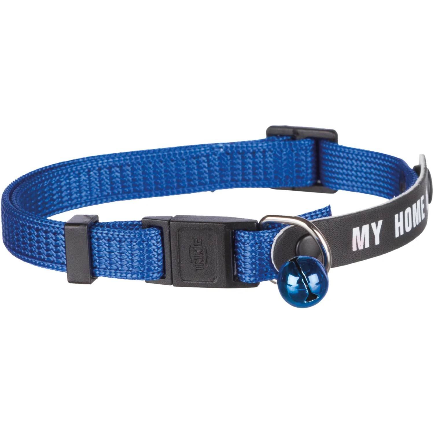 Blaues Trixie Katzenhalsband aus Nylon mit Adresslasche und Glöckchen.