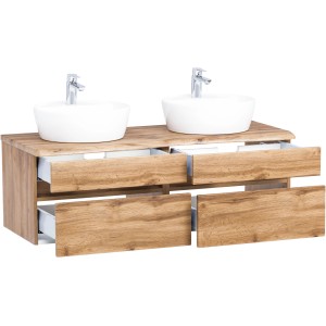 Held Möbel Doppelwaschtisch Trient 120 cm in Wotaneiche mit zwei Aufsatzbecken und offenen Schubladen.