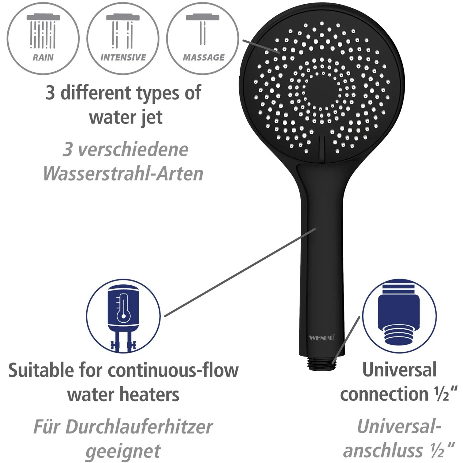 Wenko Brauseset Watersaving Schwarz: Handbrause mit 3 Strahlarten und Wassersparfunktion.