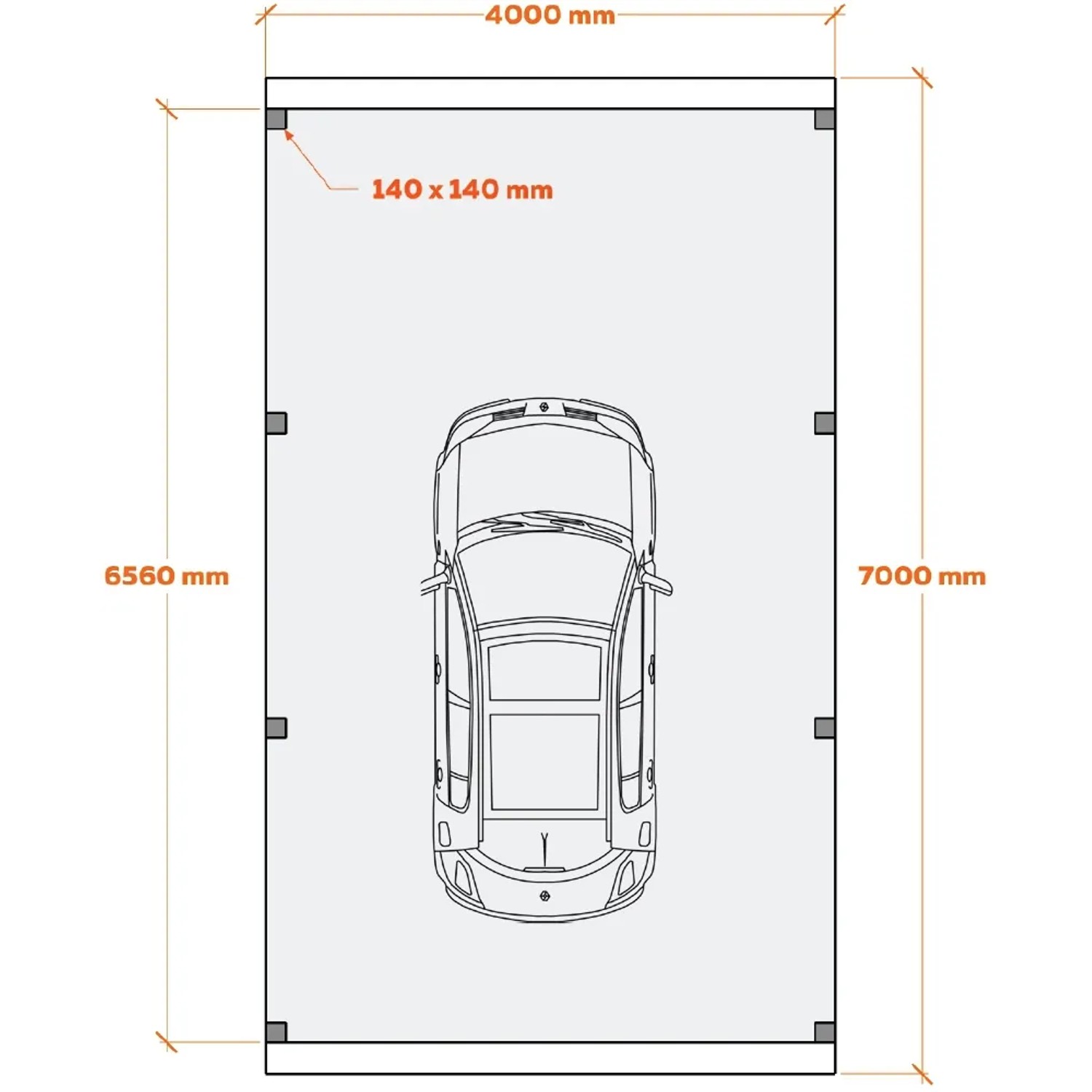 Skizze: Holzbrüder Camping-Carport Ralf, 400x700 cm, mit Wohnmobil und Maßangaben.