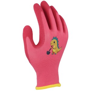 Pinker W+R Industry Kinderhandschuh Größe 4 mit Dino-Motiv für Gartenarbeit.