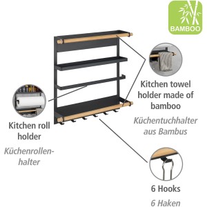 Wenko Küchenregal Magna Schwarz: Magnetisches Hängeregal mit Ablagen, Küchenrollen- und Handtuchhalter, Haken aus Bambus.
