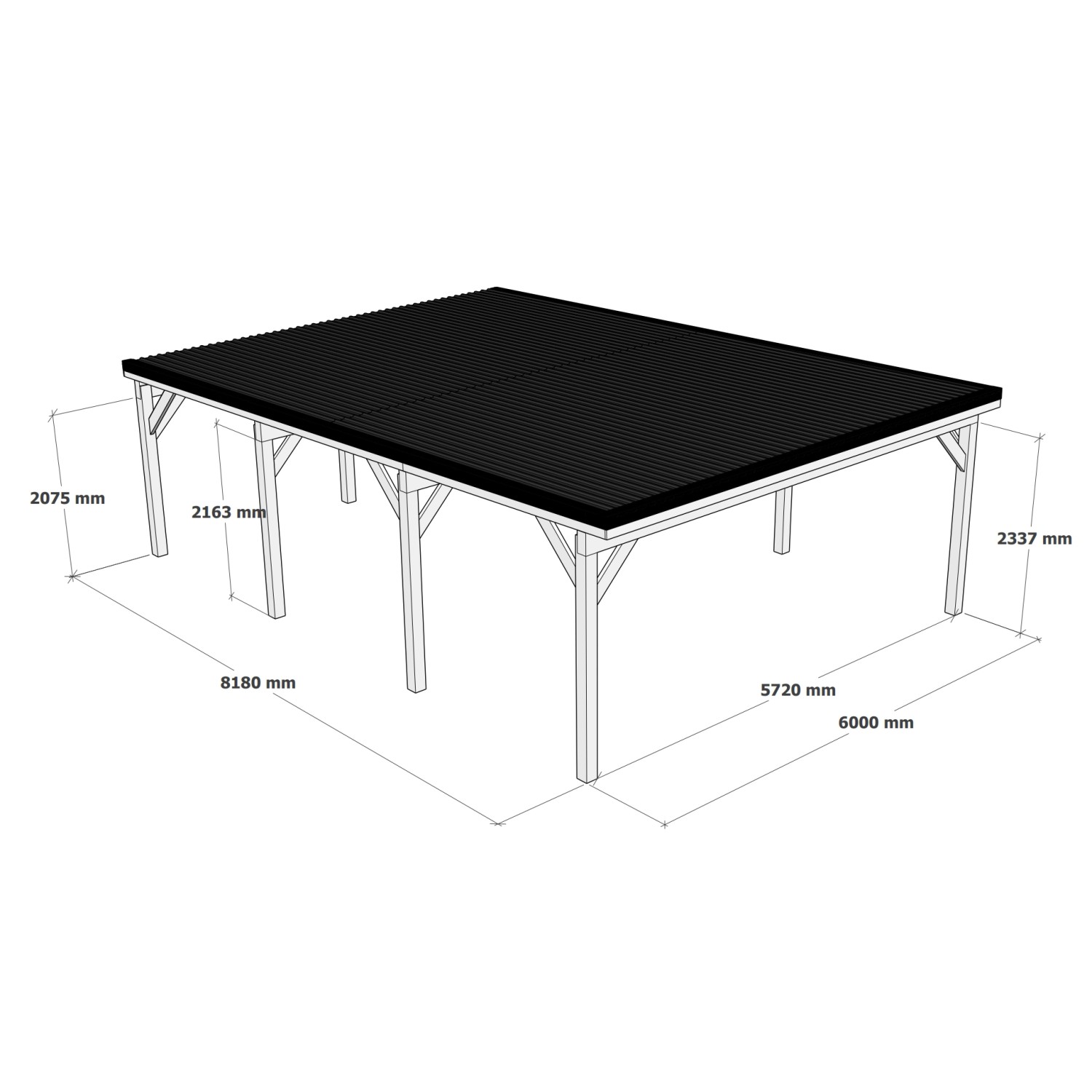 Holzbrüder Doppelcarport Ralf, imprägniert, 600x868cm, mit dunkelgrauem Blechdach. Technische Zeichnung.