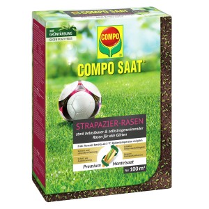 Compo Saat Strapazier-Rasen 2kg Packung mit Fußball-Motiv für robusten, strapazierfähigen Rasen.
