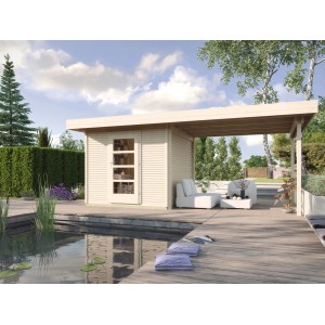 Unbehandeltes Weka Holz-Gartenhaus mit Flachdach und Anbau, 500x284 cm.