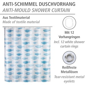 Wenko Anti-Schimmel Duschvorhang Aquamarin mit Fischmuster und 12 Ringen, 180x200 cm.