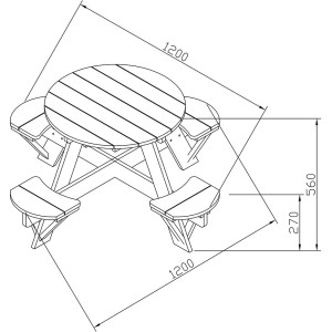 Skizze des runden Axi UFO-Picknicktischs in Braun und Weiß mit Maßangaben für Spiel & Spaß im Garten.