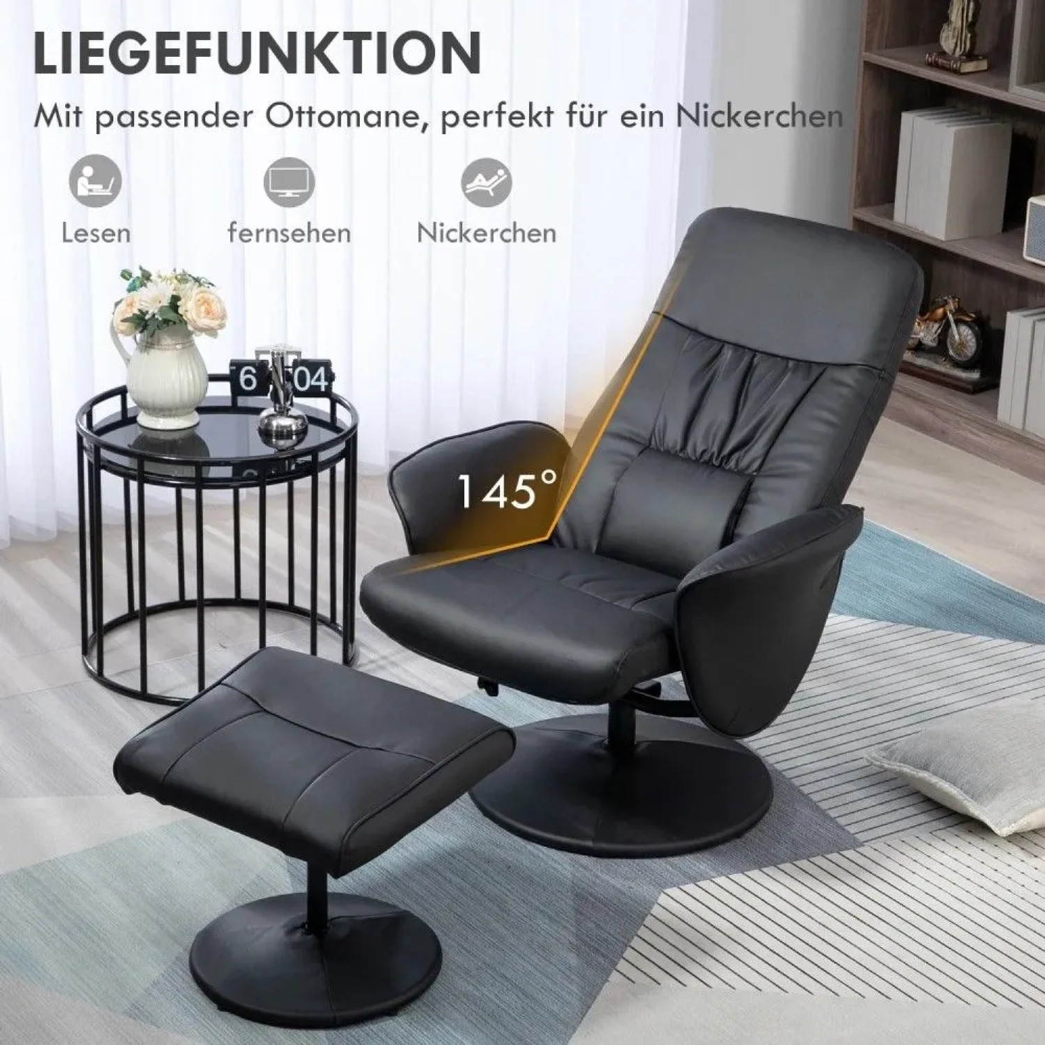 Schwarzer HOMCOM Relaxsessel aus Kunstleder mit Liegefunktion, drehbar, und passendem Hocker. Komfortables Loungesessel-Set.