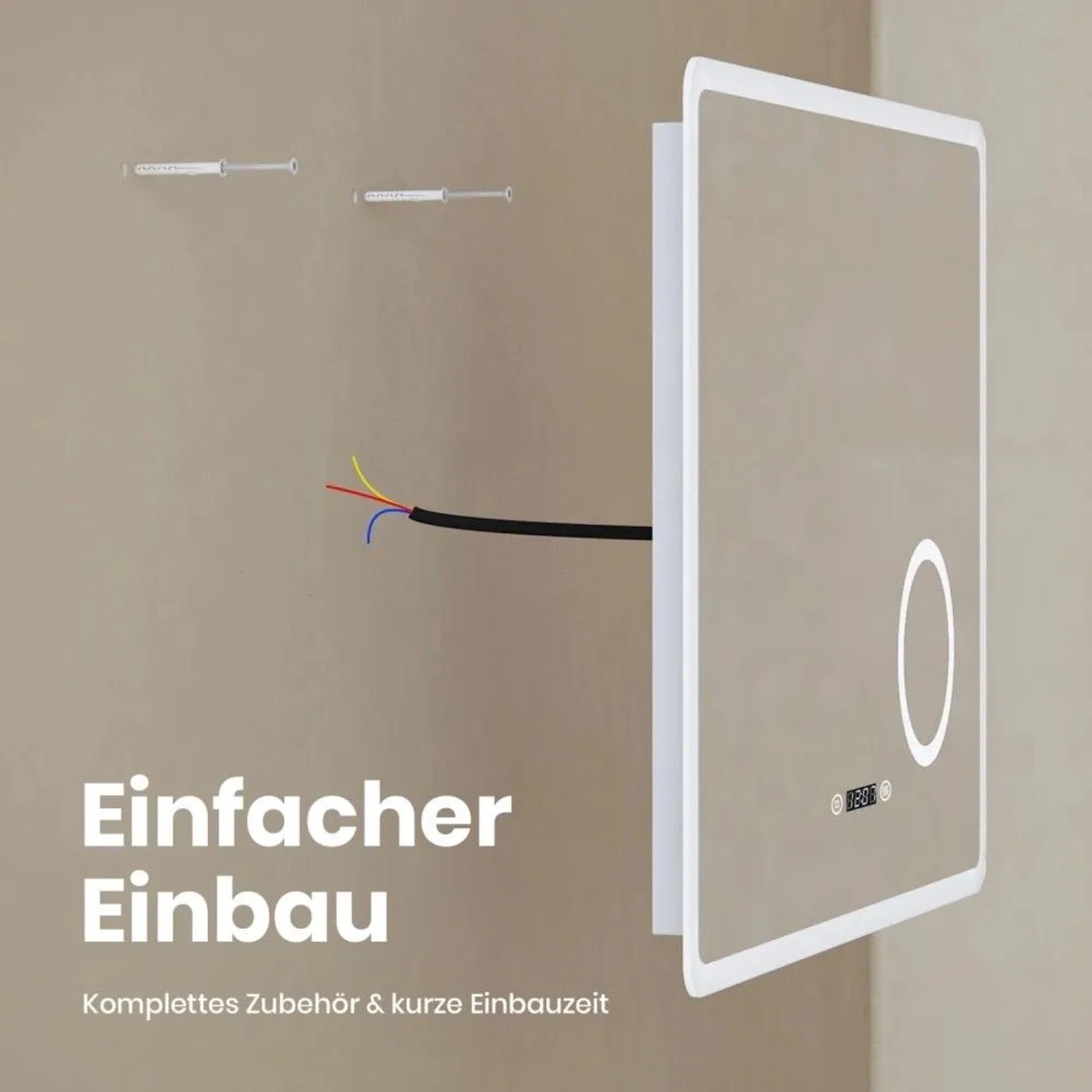 Emke LED Badspiegel 80x60cm bei der Wandmontage. Einfacher Einbau mit Zubehör, LED-Beleuchtung, Uhr und Touch-Schalter.