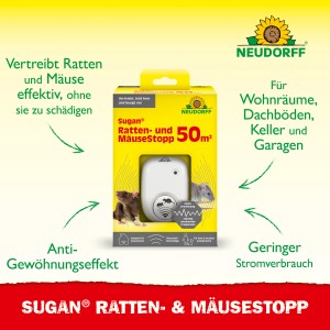 Neudorff Ratten- und Mäusestopp Sugan 50 m², Ultraschallgerät in Verpackung mit Ratte und Maus.